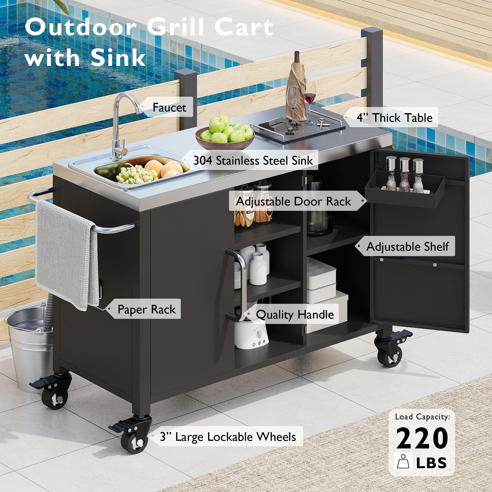 K&K 55.5" Outdoor Kitchen Island with Sink - Image 4