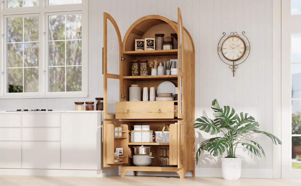 K&K 71' Tall Arched Kitchen Pantry Cabinet with Adjustable Shelves - Image 28
