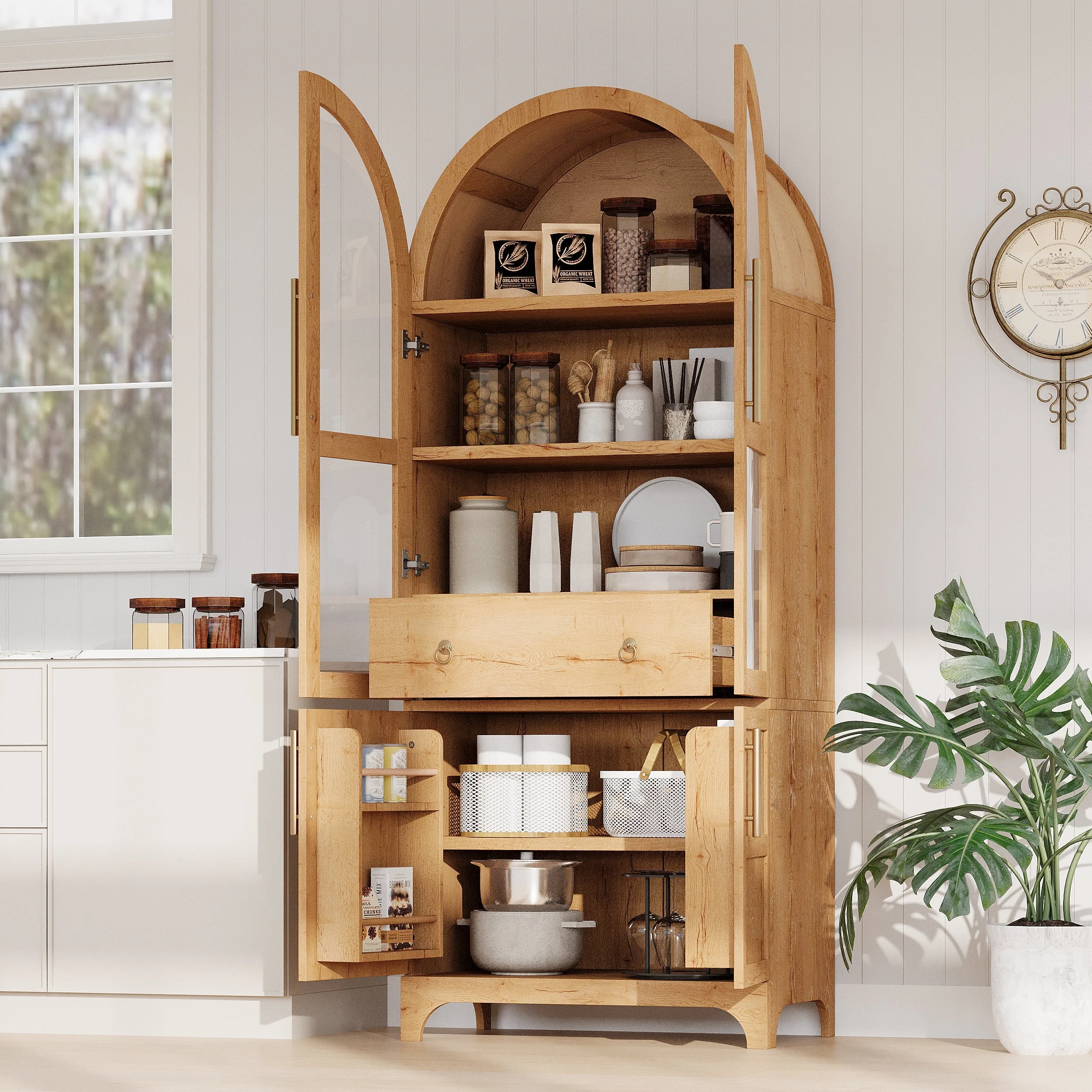 K&K 71' Tall Arched Kitchen Pantry Cabinet with Adjustable Shelves - Image 3