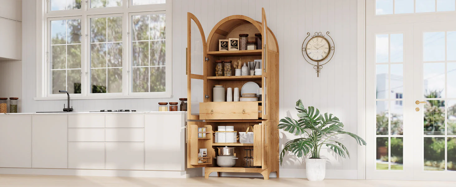K&K 71' Tall Arched Kitchen Pantry Cabinet with Adjustable Shelves - Image 32