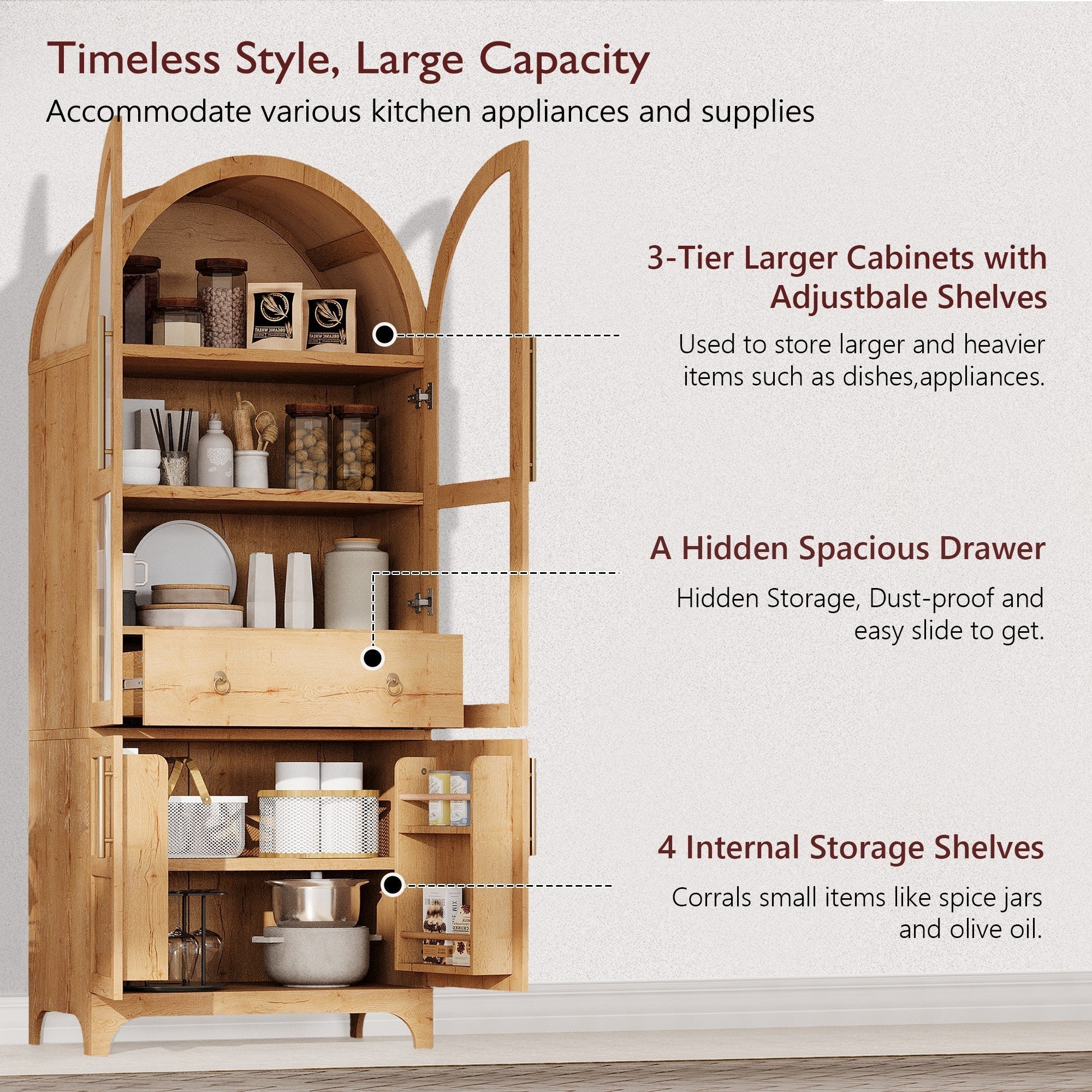 K&K 71' Tall Arched Kitchen Pantry Cabinet with Adjustable Shelves - Image 6