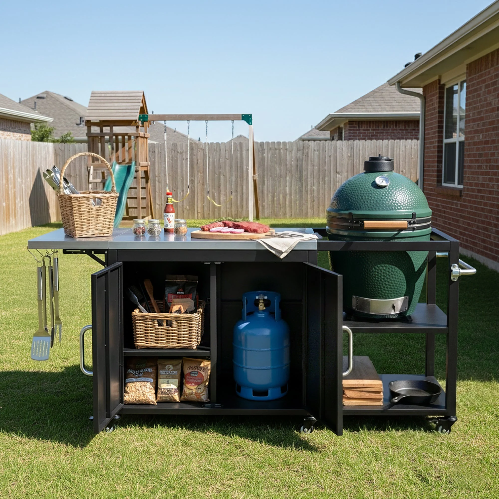 K&K 76.6' Outdoor Grill Cart with Storage Cabinet - Image 2