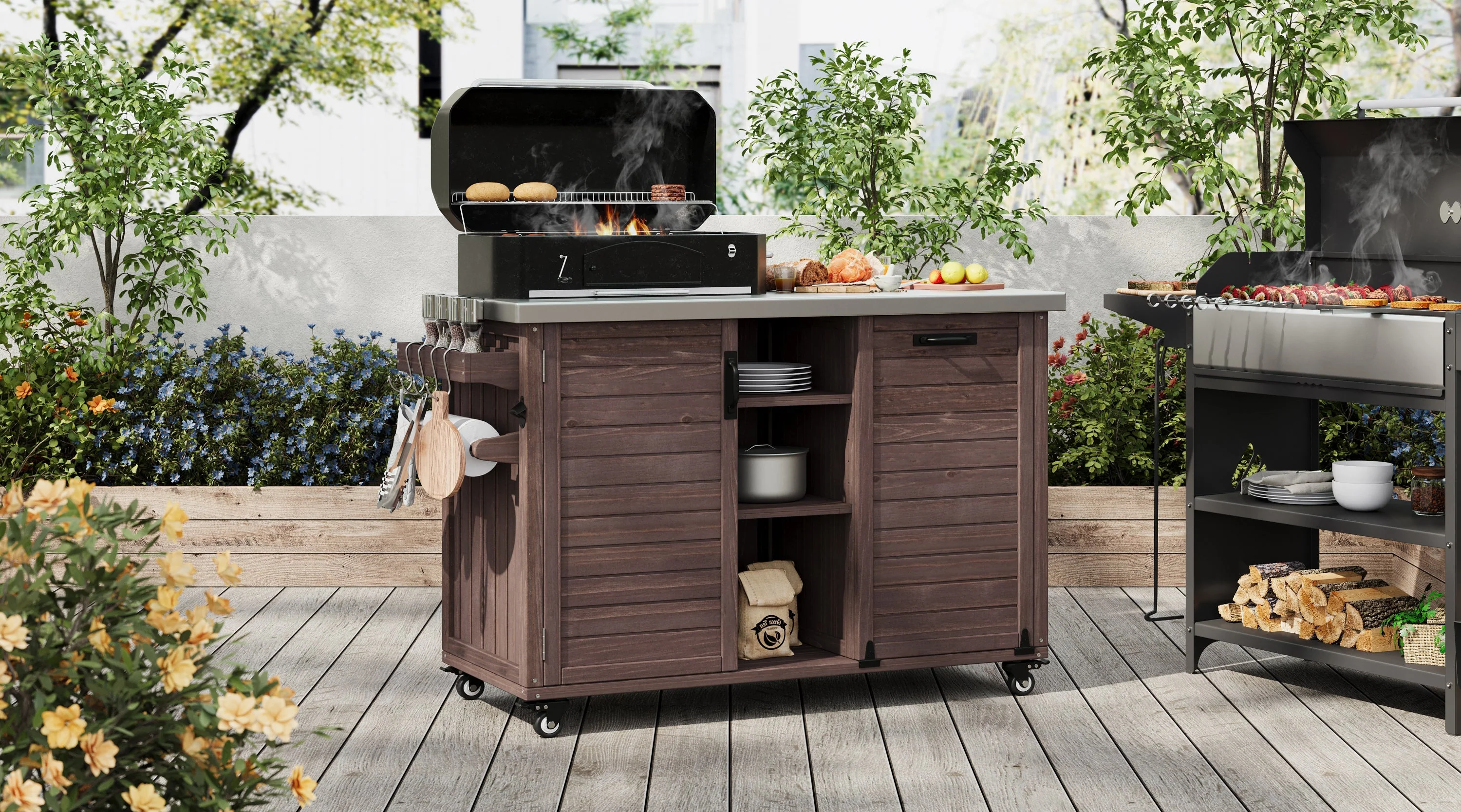 K&K 78.3' Outdoor Kitchen Island with Foldable Grill Table - Image 28