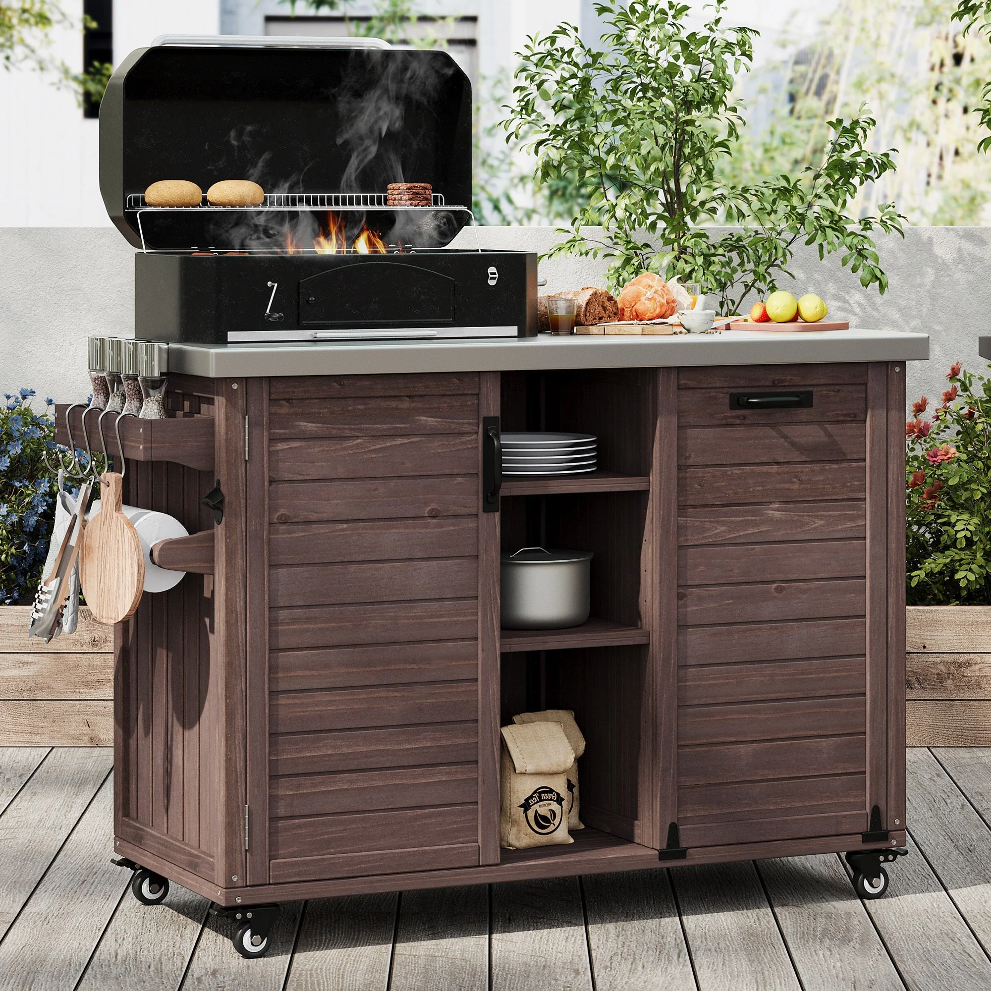 K&K 78.3' Outdoor Kitchen Island with Foldable Grill Table - Image 3