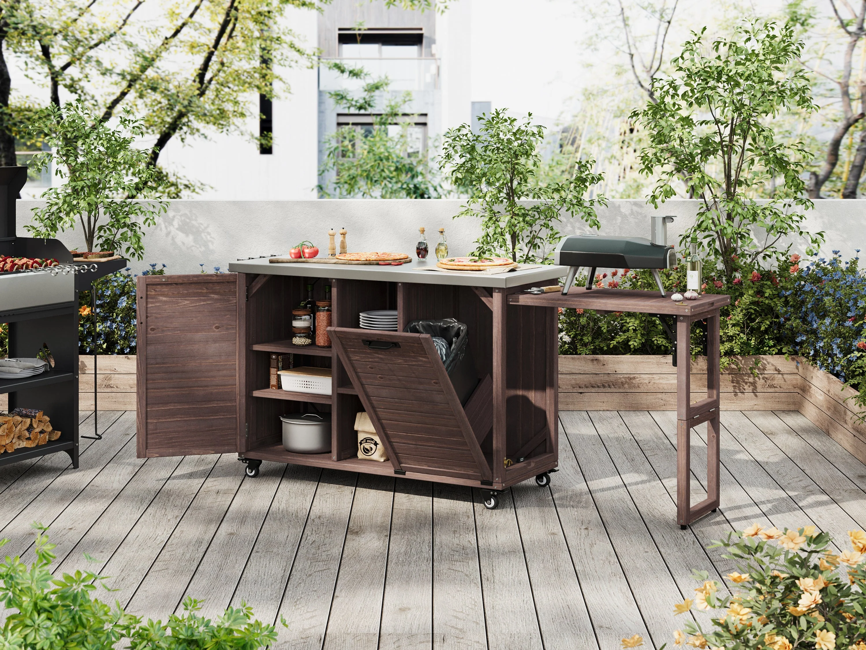 K&K 78.3' Outdoor Kitchen Island with Foldable Grill Table - Image 30