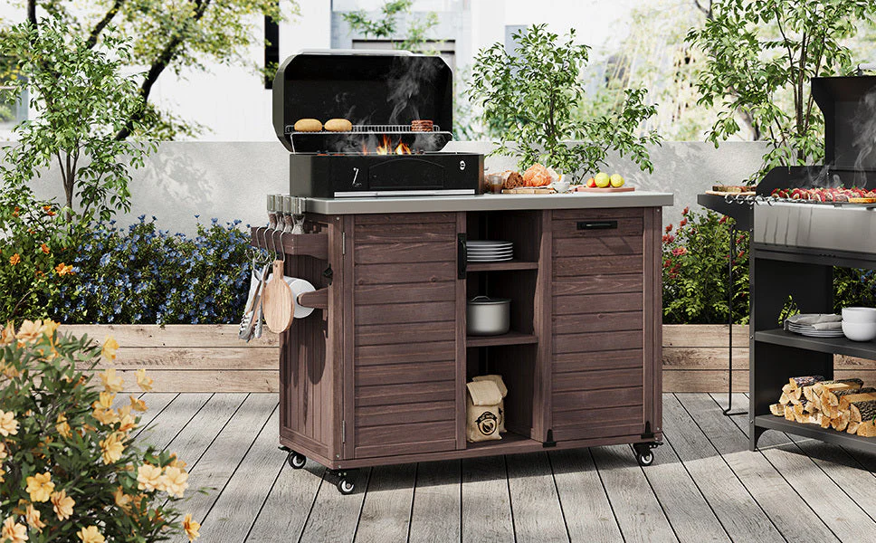 K&K 78.3' Outdoor Kitchen Island with Foldable Grill Table - Image 34