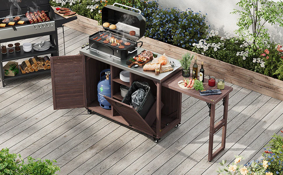 K&K 78.3' Outdoor Kitchen Island with Foldable Grill Table - Image 35