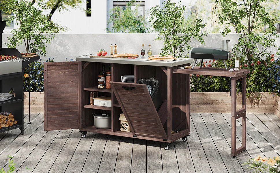 K&K 78.3' Outdoor Kitchen Island with Foldable Grill Table - Image 36
