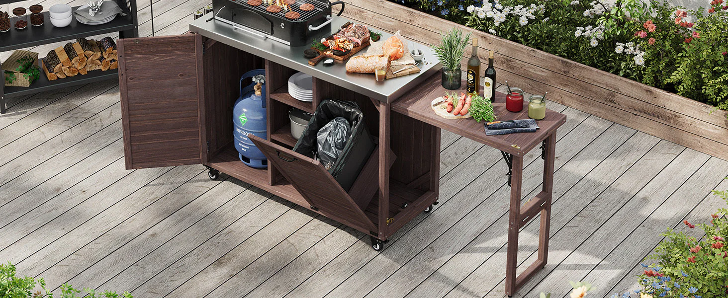K&K 78.3' Outdoor Kitchen Island with Foldable Grill Table - Image 38