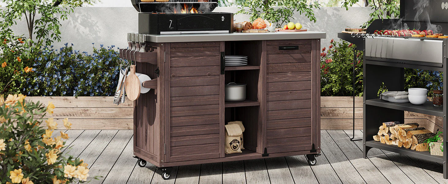 K&K 78.3' Outdoor Kitchen Island with Foldable Grill Table - Image 39