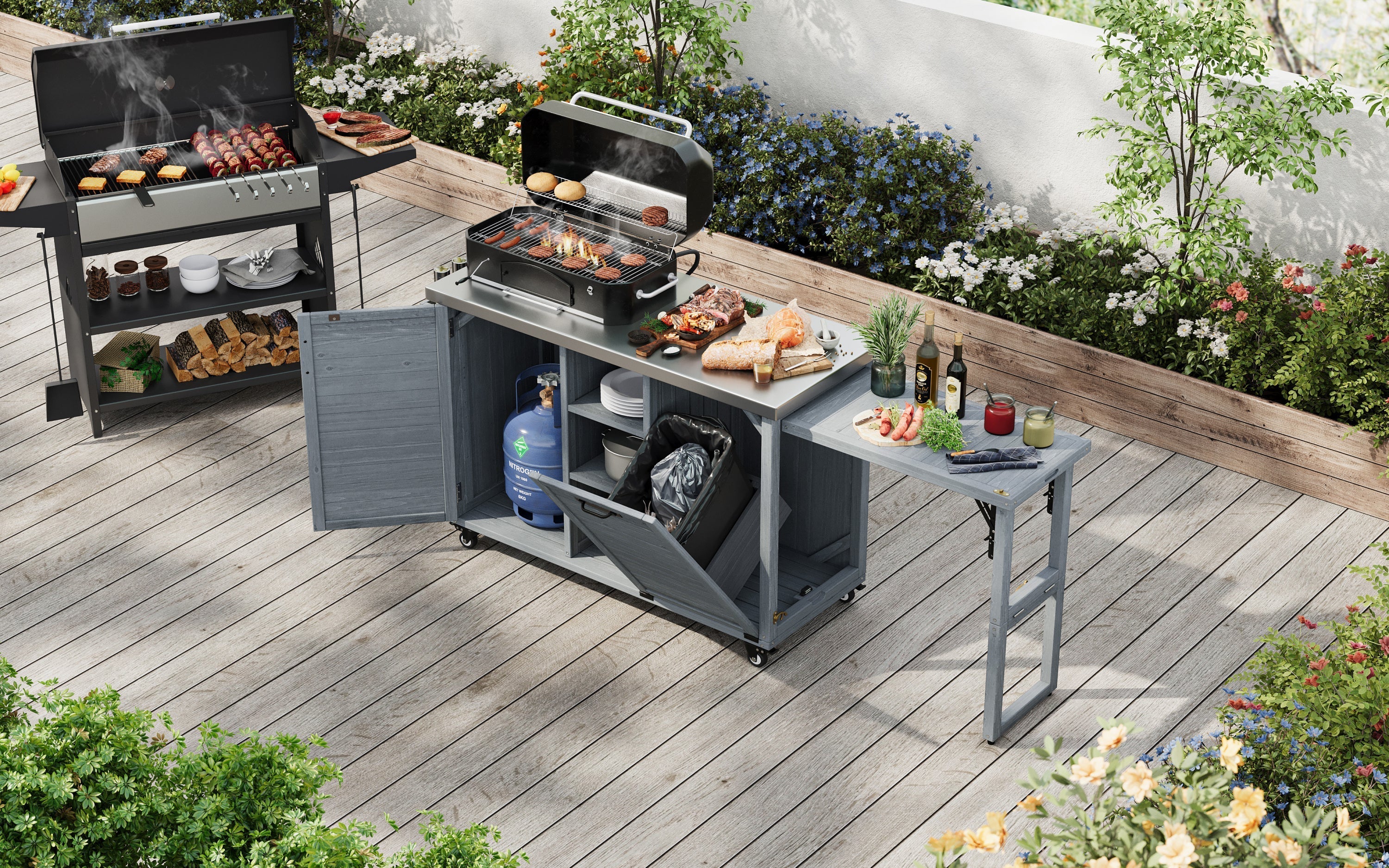 K&K 78.3' Outdoor Kitchen Island with Foldable Grill Table - Image 28