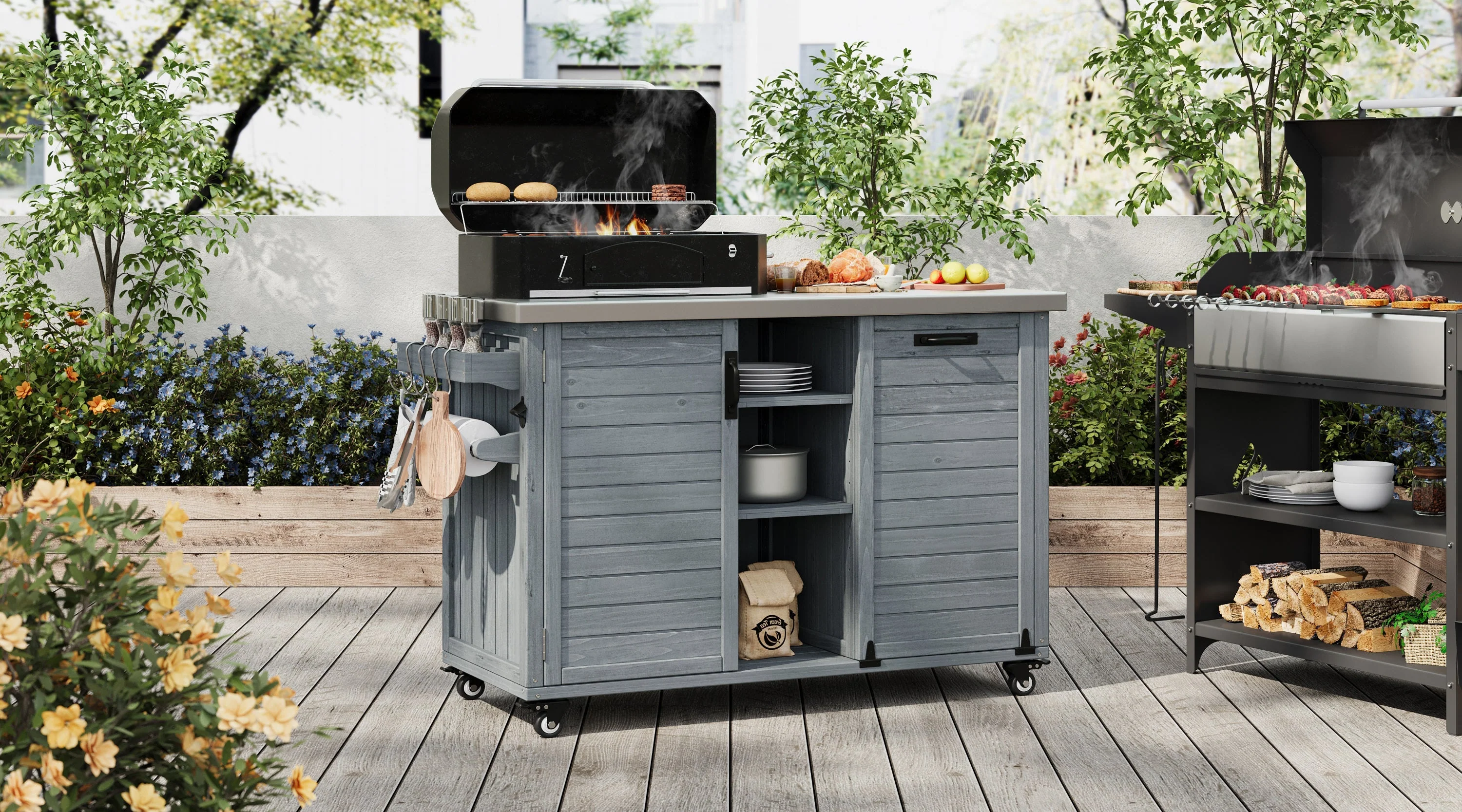 K&K 78.3' Outdoor Kitchen Island with Foldable Grill Table - Image 29