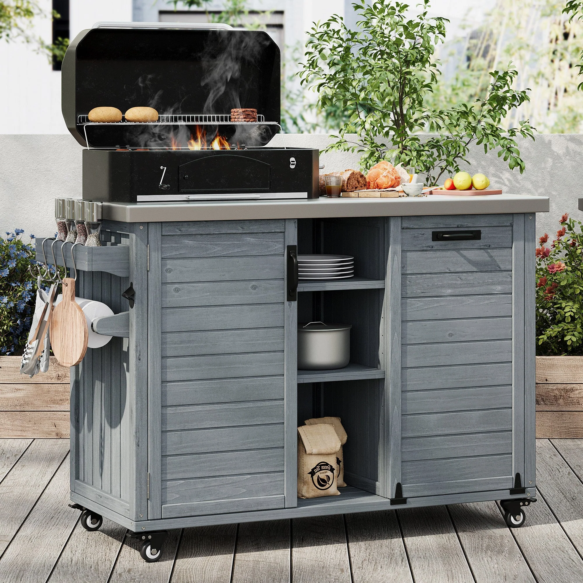K&K 78.3' Outdoor Kitchen Island with Foldable Grill Table - Image 3