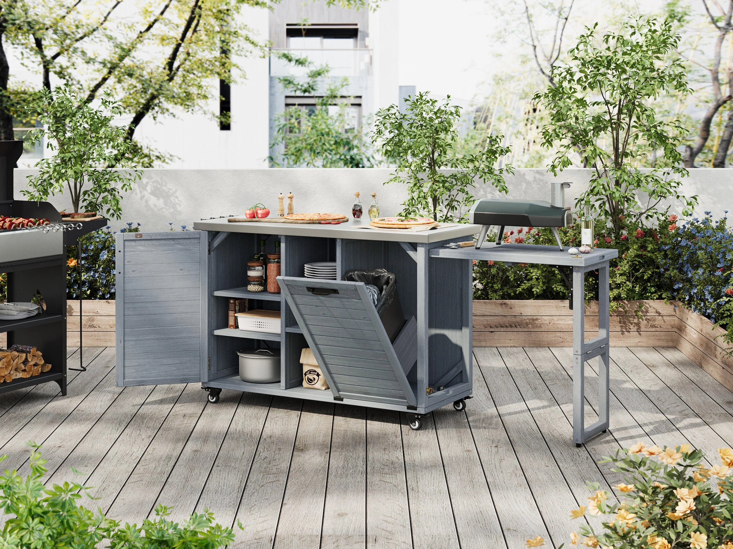 K&K 78.3' Outdoor Kitchen Island with Foldable Grill Table - Image 30