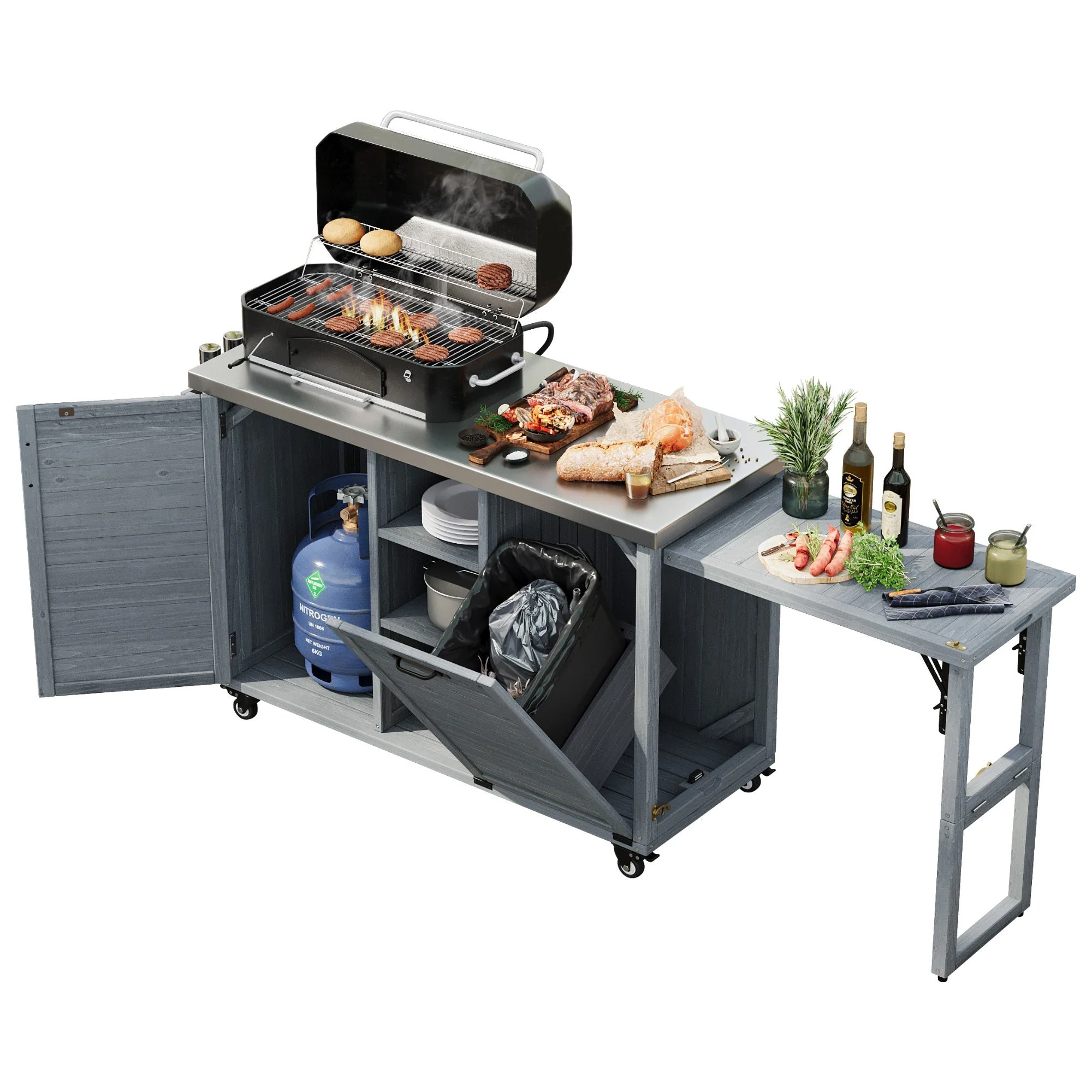 K&K 78.3' Outdoor Kitchen Island with Foldable Grill Table - Image 31