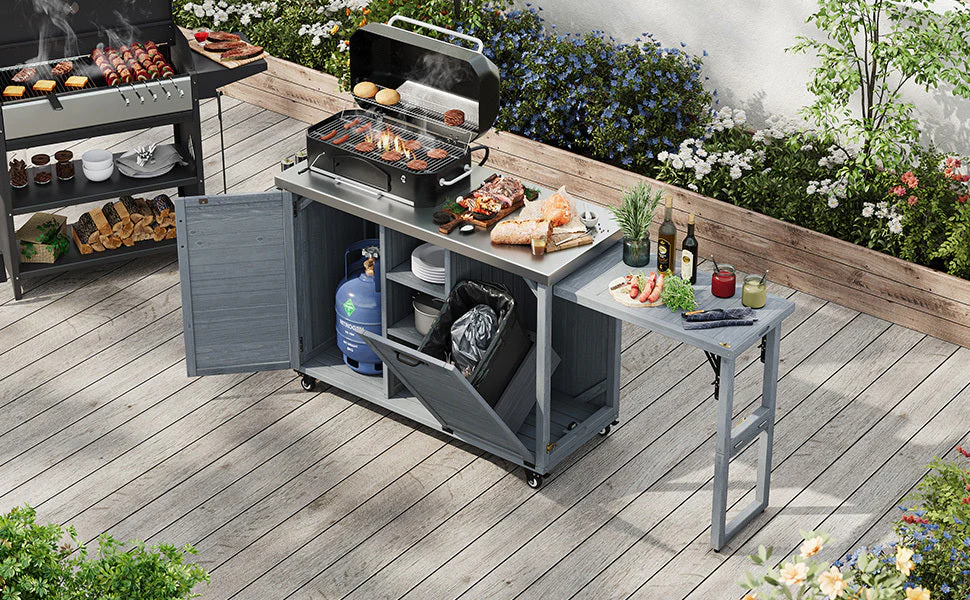 K&K 78.3' Outdoor Kitchen Island with Foldable Grill Table - Image 34