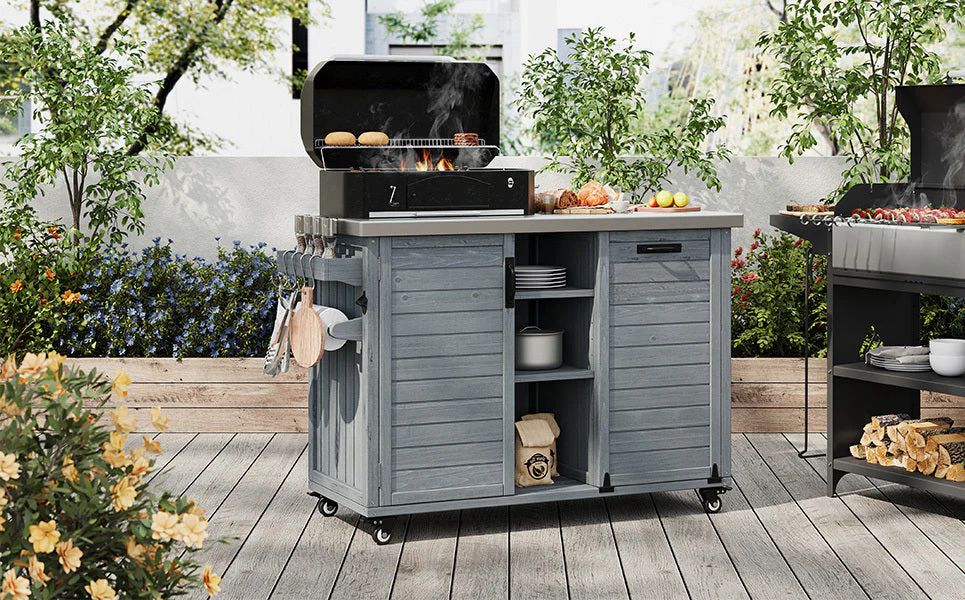 K&K 78.3' Outdoor Kitchen Island with Foldable Grill Table - Image 36