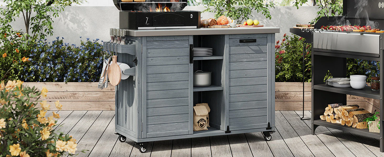 K&K 78.3' Outdoor Kitchen Island with Foldable Grill Table - Image 39