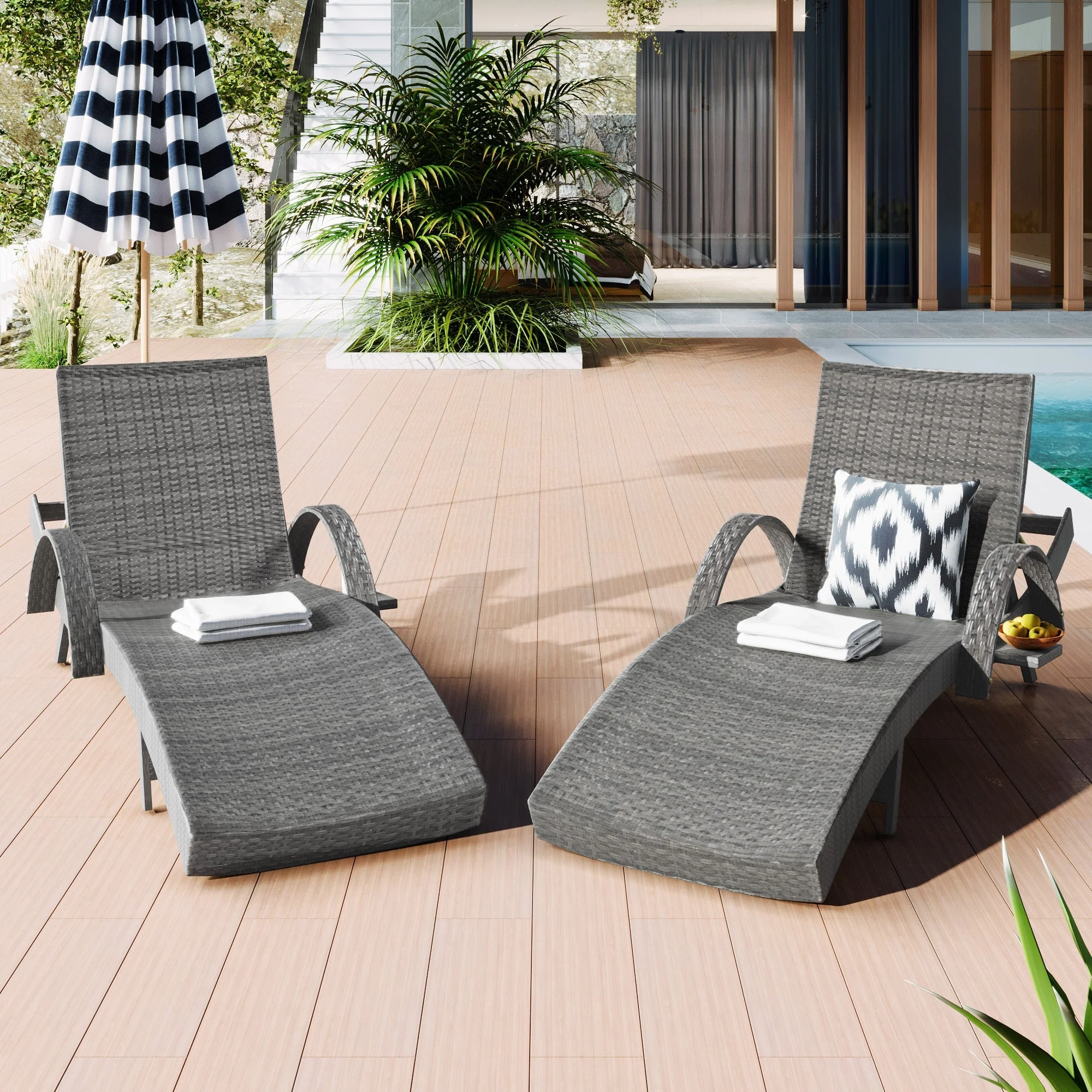 K&K 80'' Outdoor Wicker Chaise Lounge Chairs Set of 2 - Image 3
