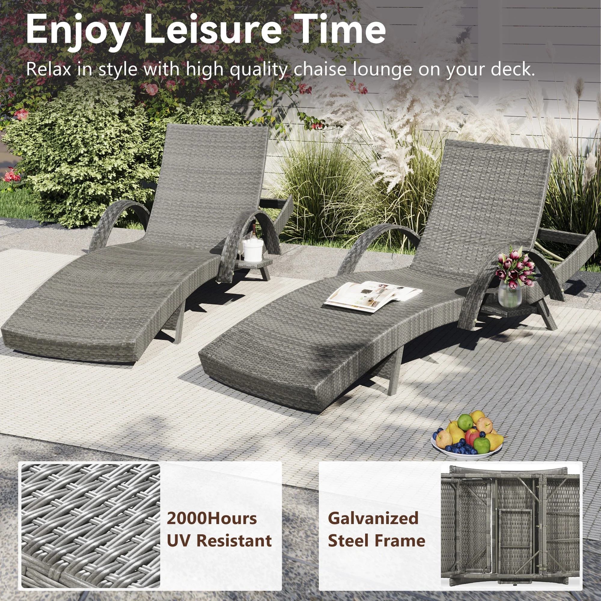 K&K 80'' Outdoor Wicker Chaise Lounge Chairs Set of 2 - Image 5