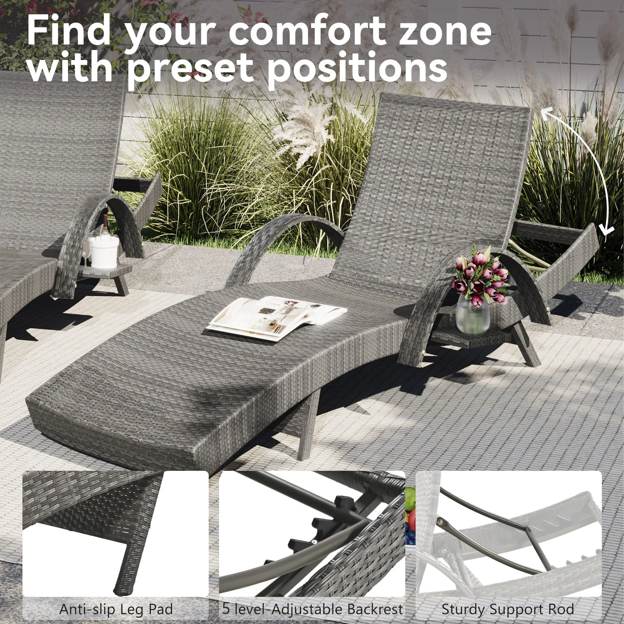 K&K 80'' Outdoor Wicker Chaise Lounge Chairs Set of 2 - Image 7