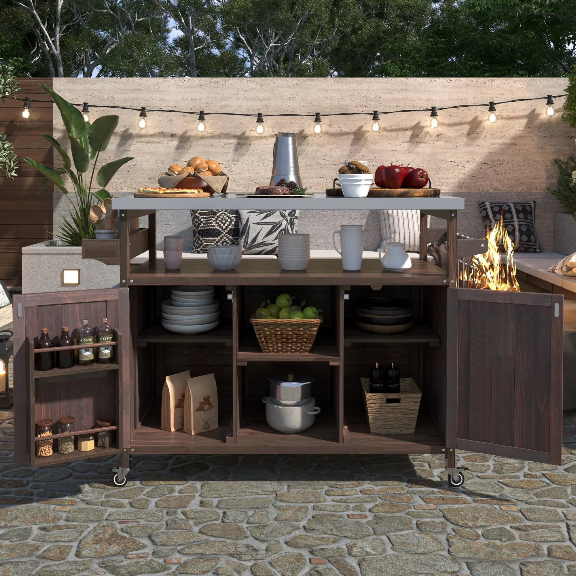 K&K Outdoor Kitchen Island, Rolling Bar Cart & Storage Cabinet - Image 2