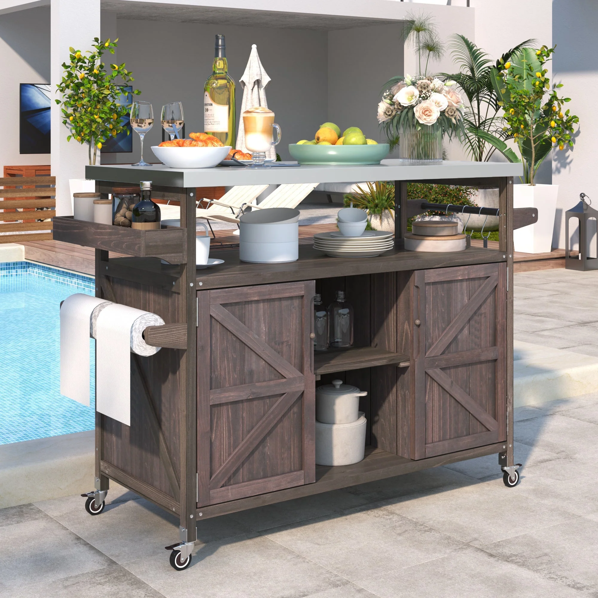 K&K Outdoor Kitchen Island, Rolling Bar Cart & Storage Cabinet - Image 3