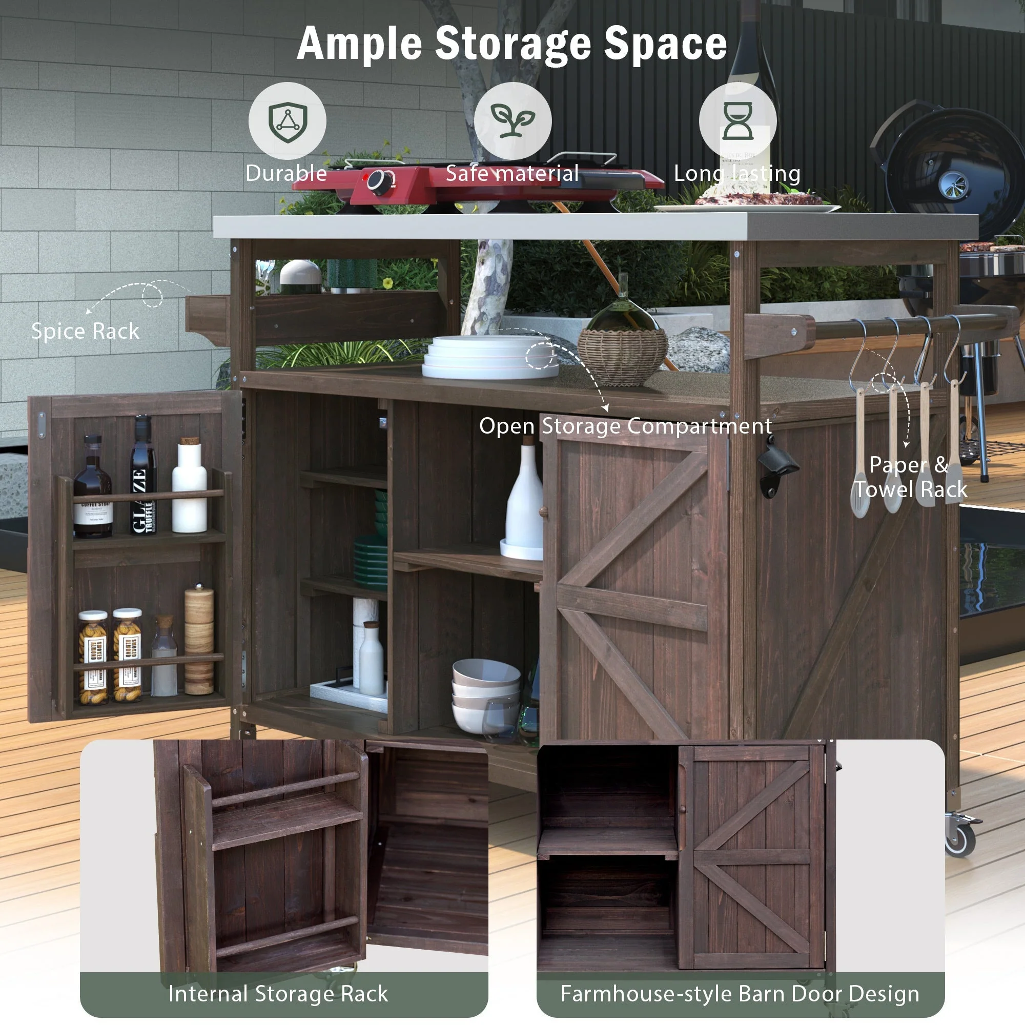 K&K Outdoor Kitchen Island, Rolling Bar Cart & Storage Cabinet - Image 4