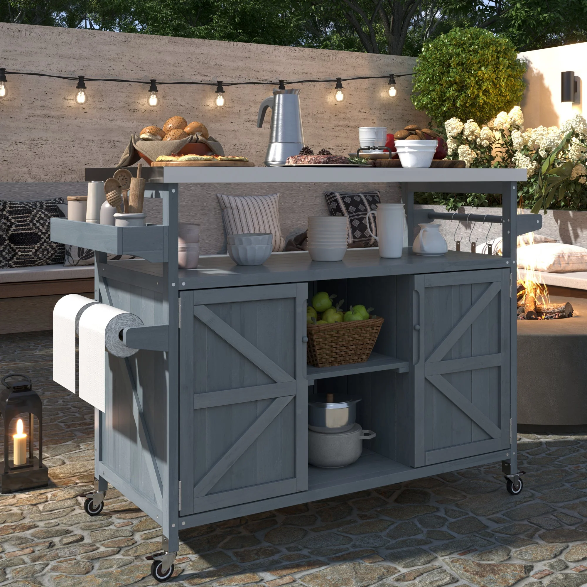 K&K Outdoor Kitchen Island, Rolling Bar Cart & Storage Cabinet - Image 3