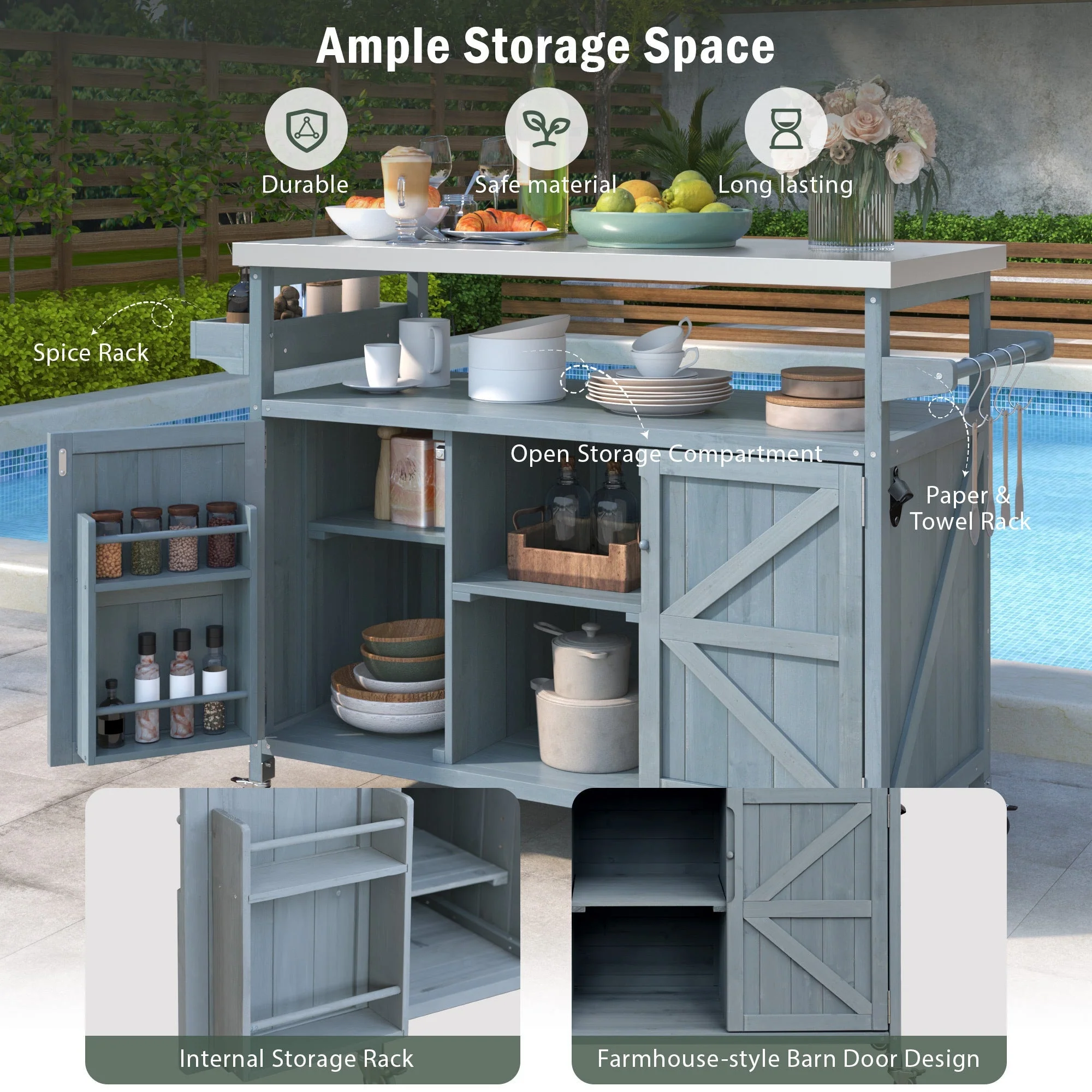 K&K Outdoor Kitchen Island, Rolling Bar Cart & Storage Cabinet - Image 4