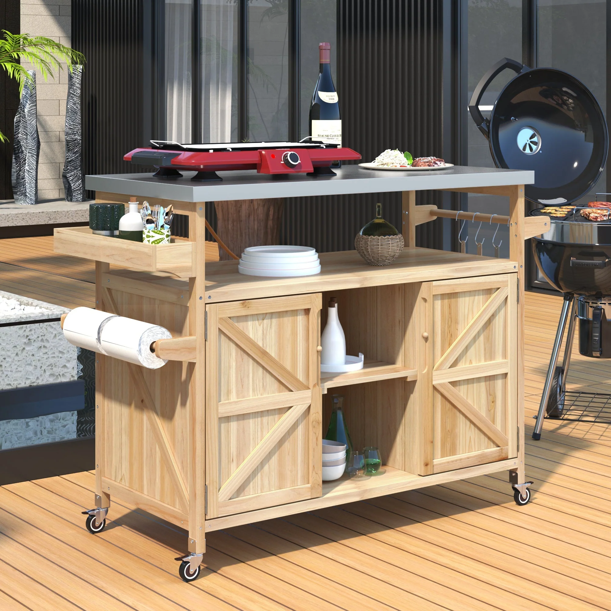 K&K Outdoor Kitchen Island, Rolling Bar Cart & Storage Cabinet - Image 3