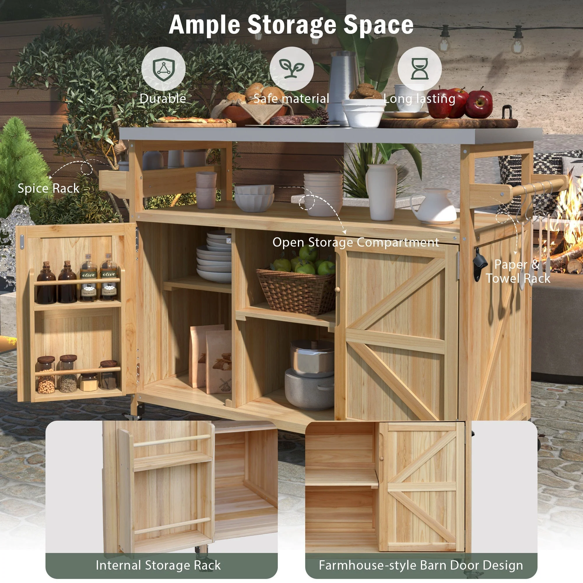 K&K Outdoor Kitchen Island, Rolling Bar Cart & Storage Cabinet - Image 4