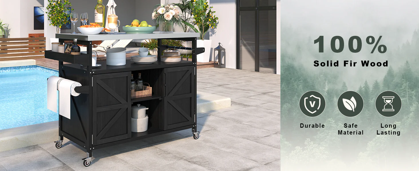 K&K Outdoor Kitchen Island with Rolling Bar Cart and Storage Cabinet - Image 25