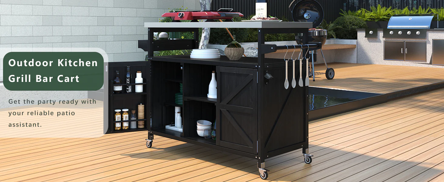 K&K Outdoor Kitchen Island with Rolling Bar Cart and Storage Cabinet - Image 26