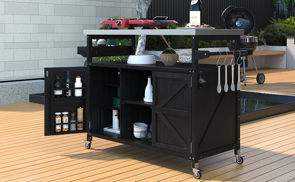 K&K Outdoor Kitchen Island with Rolling Bar Cart and Storage Cabinet - Image 27