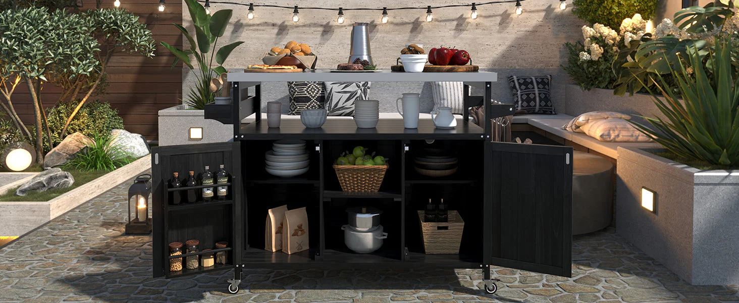 K&K Outdoor Kitchen Island with Rolling Bar Cart and Storage Cabinet - Image 28
