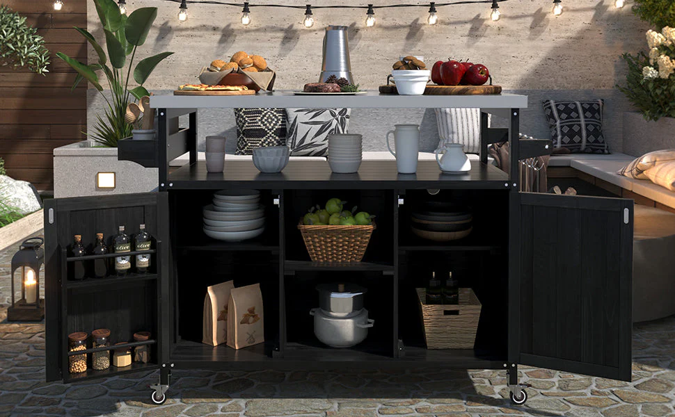 K&K Outdoor Kitchen Island with Rolling Bar Cart and Storage Cabinet - Image 29