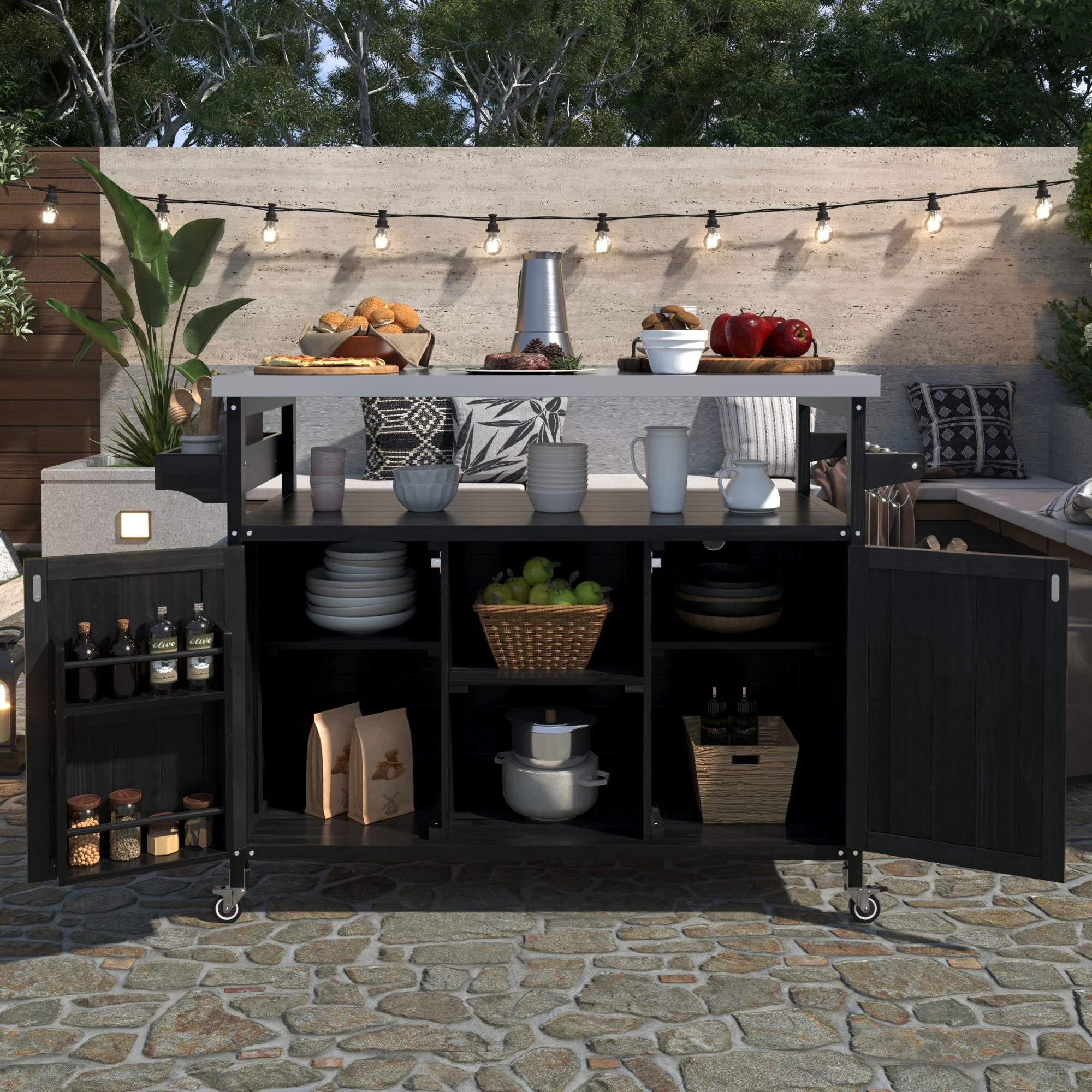 K&K Outdoor Kitchen Island with Rolling Bar Cart and Storage Cabinet - Image 3