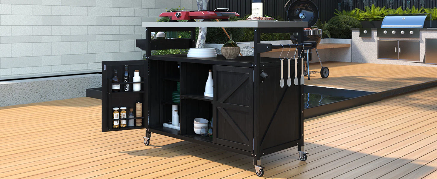 K&K Outdoor Kitchen Island with Rolling Bar Cart and Storage Cabinet - Image 30