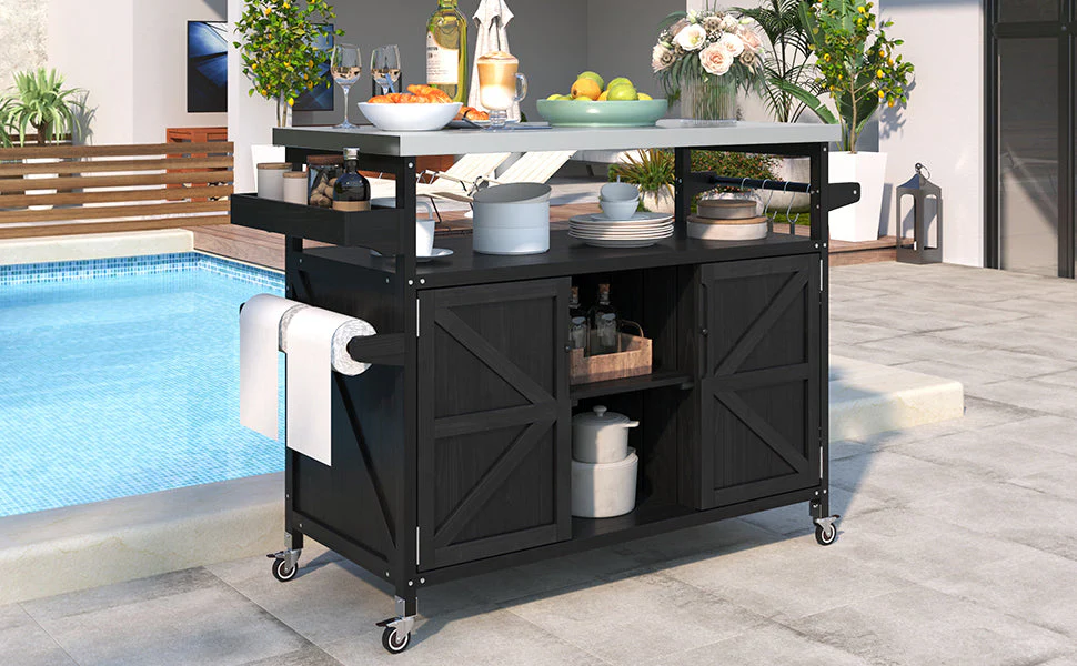K&K Outdoor Kitchen Island with Rolling Bar Cart and Storage Cabinet - Image 31