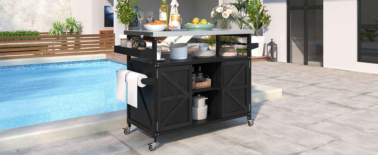 K&K Outdoor Kitchen Island with Rolling Bar Cart and Storage Cabinet - Image 32