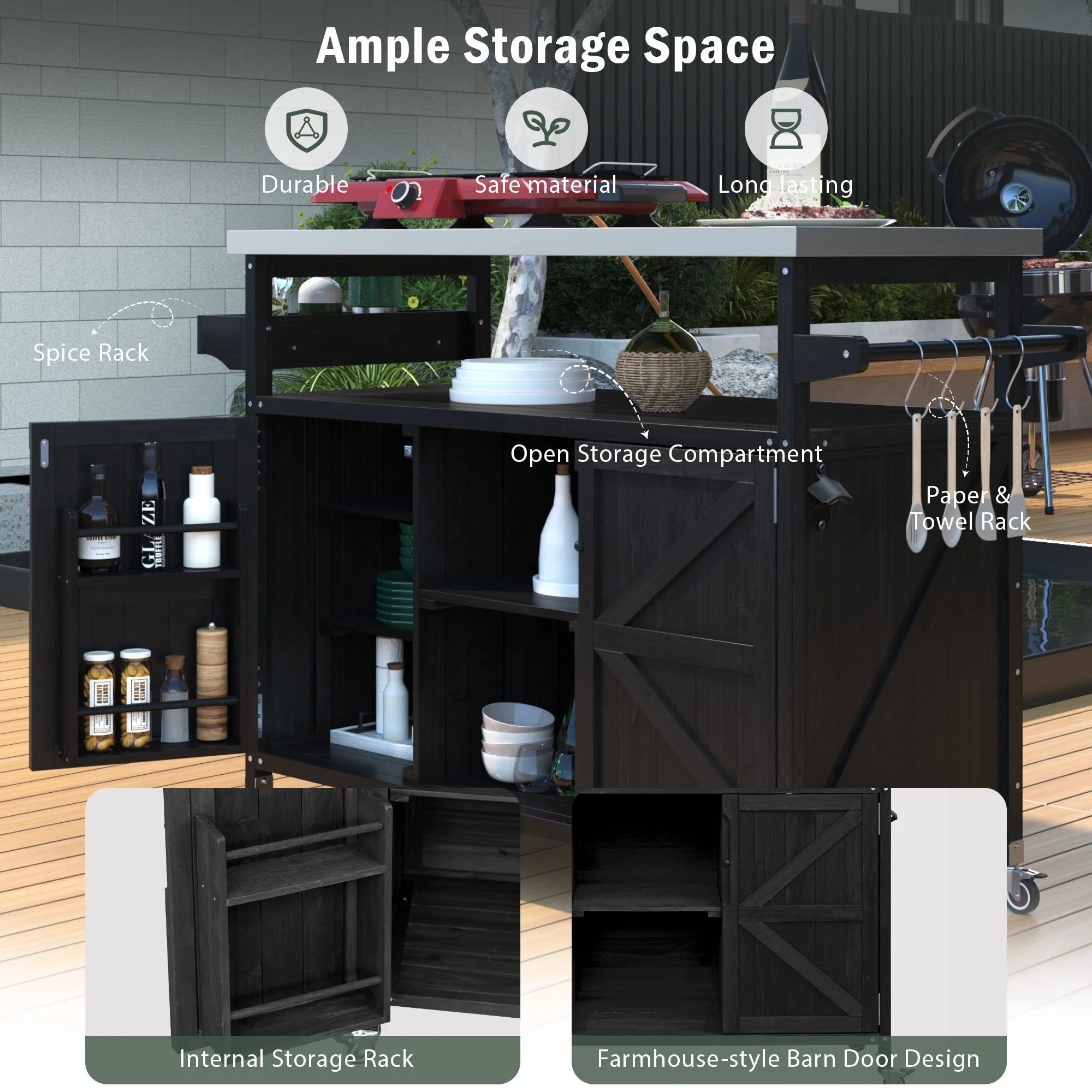 K&K Outdoor Kitchen Island with Rolling Bar Cart and Storage Cabinet - Image 4