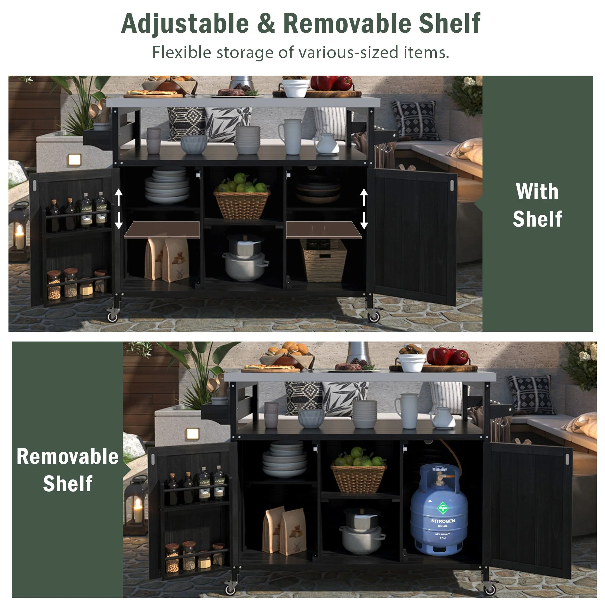 K&K Outdoor Kitchen Island with Rolling Bar Cart and Storage Cabinet - Image 5