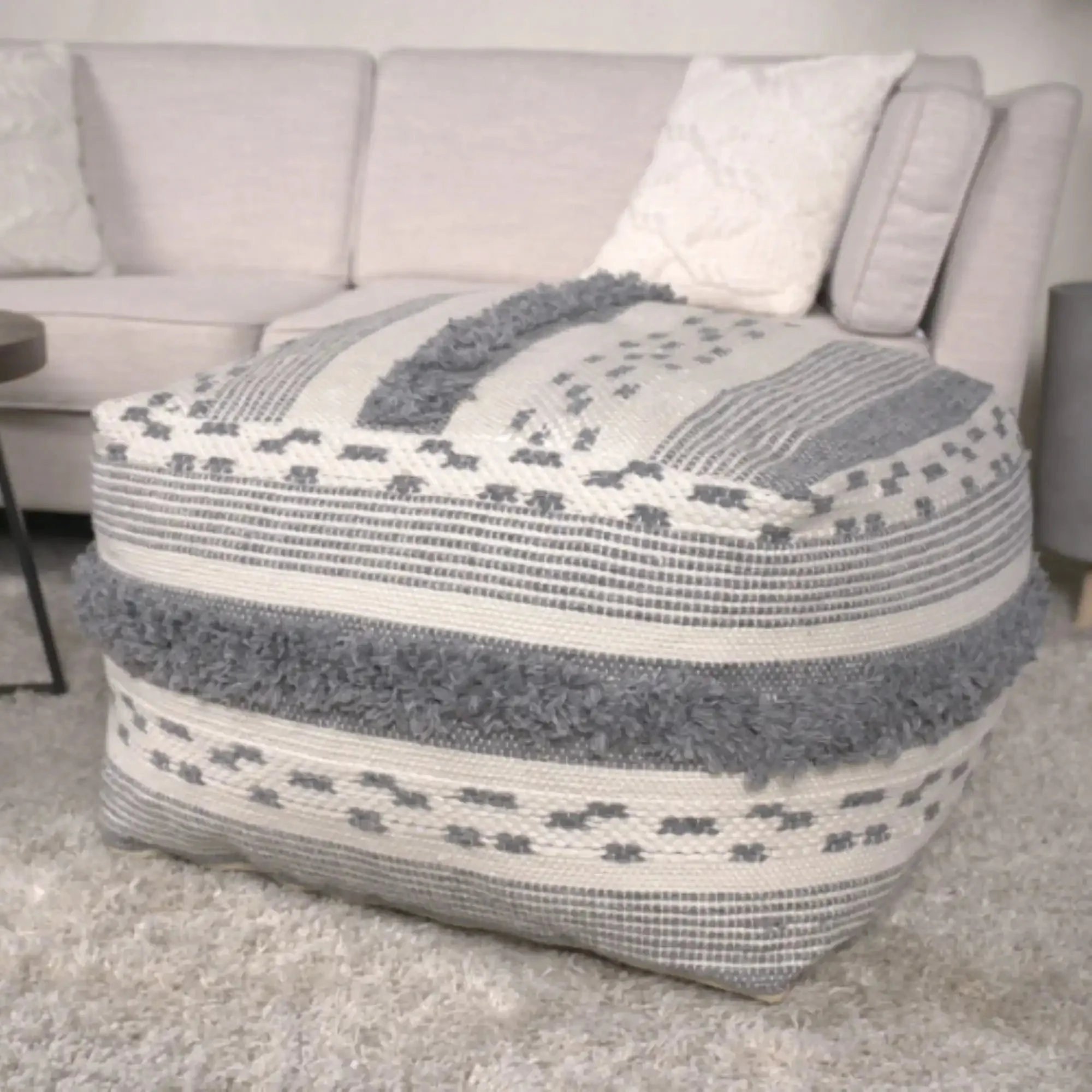 Karim Faux Yarn Large Accent Pouf in Ivory and Gray - Image 2