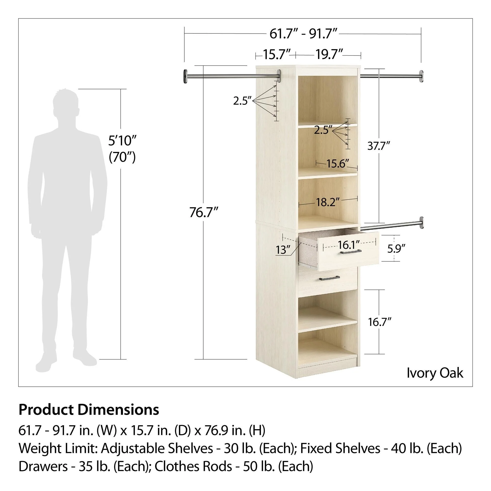Kelly - 5 Shelf 2 Drawer Closet Organizer With 3 Adjustable Hanging Rods - Ivory - Image 2