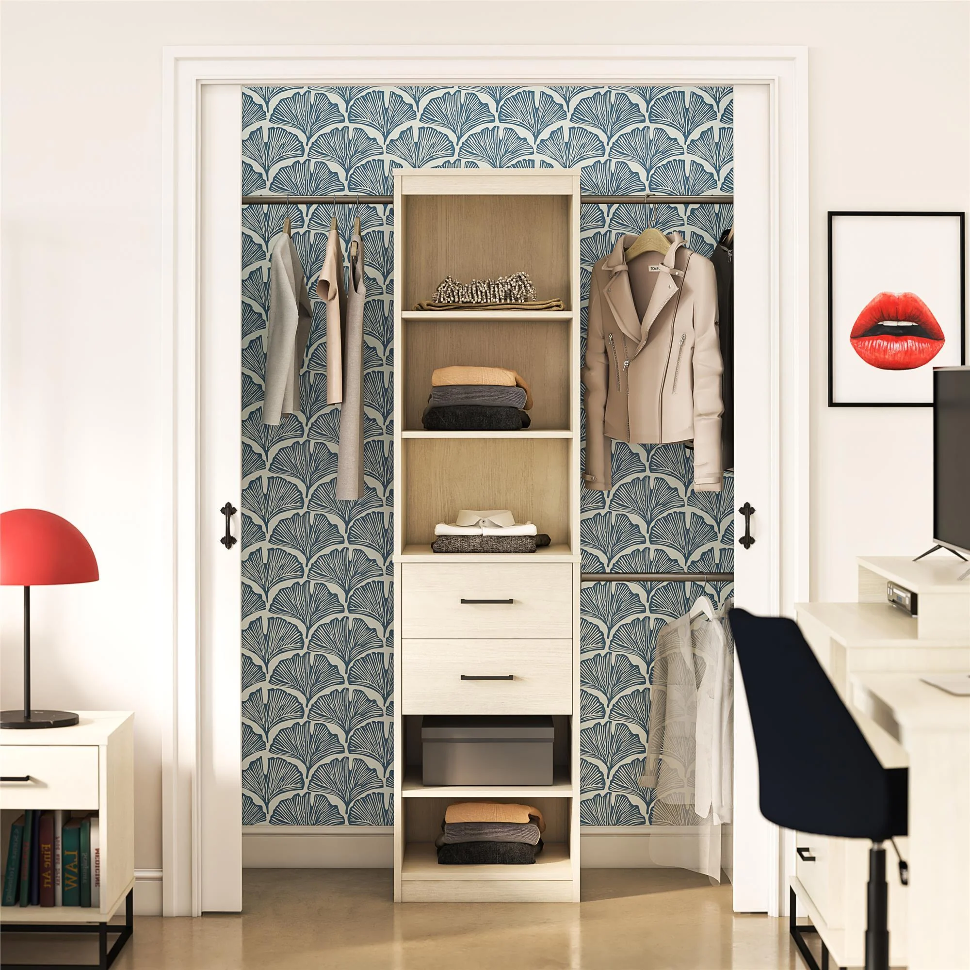 Kelly - 5 Shelf 2 Drawer Closet Organizer With 3 Adjustable Hanging Rods - Ivory - Image 3