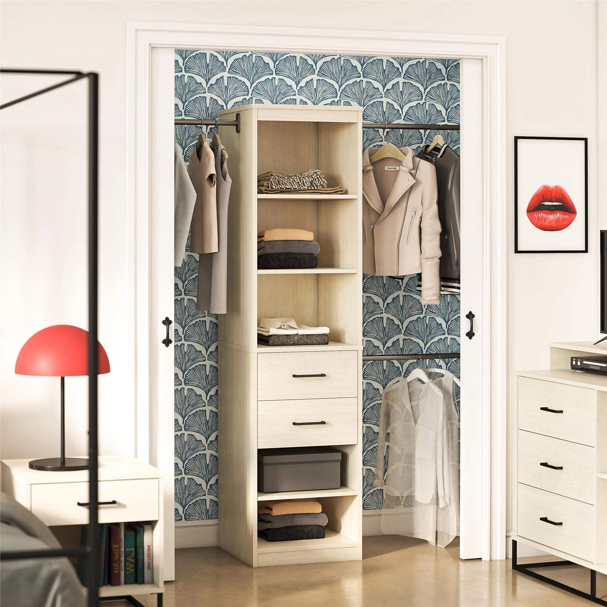 Kelly - 5 Shelf 2 Drawer Closet Organizer With 3 Adjustable Hanging Rods - Ivory - Image 4