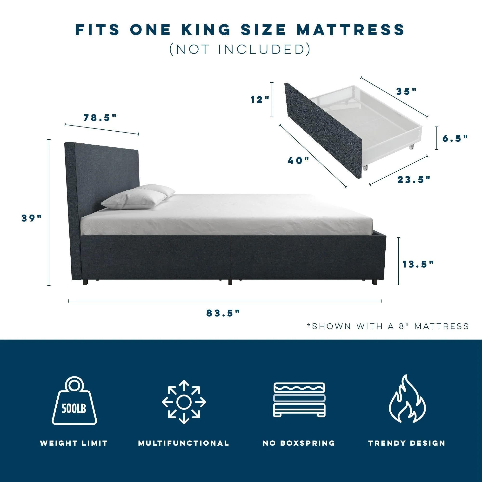 Kelly - King Upholstered Bed With Storage - Navy - Image 3