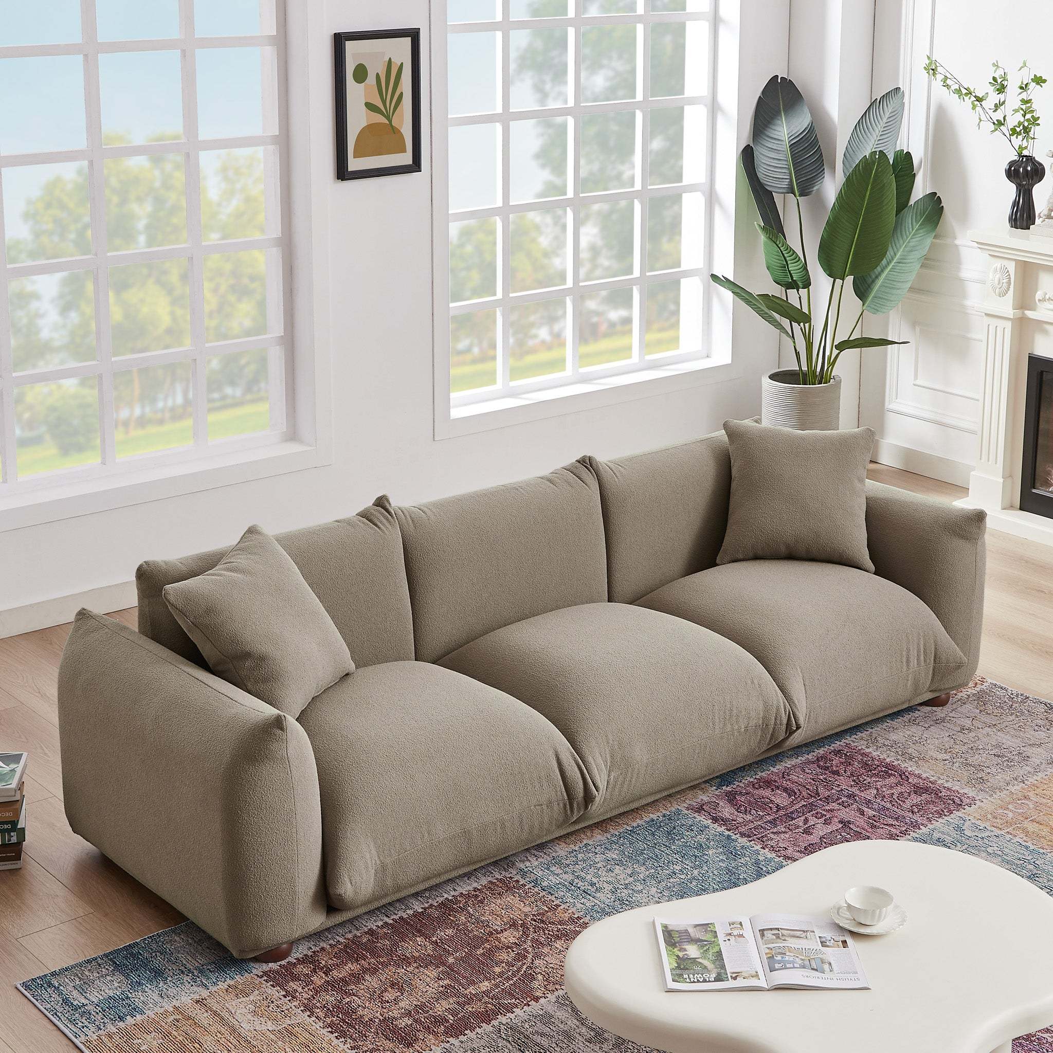 Kely Modern 100'' Mocha Boucle Upholstered Sofa with Solid Wood Legs - Image 11