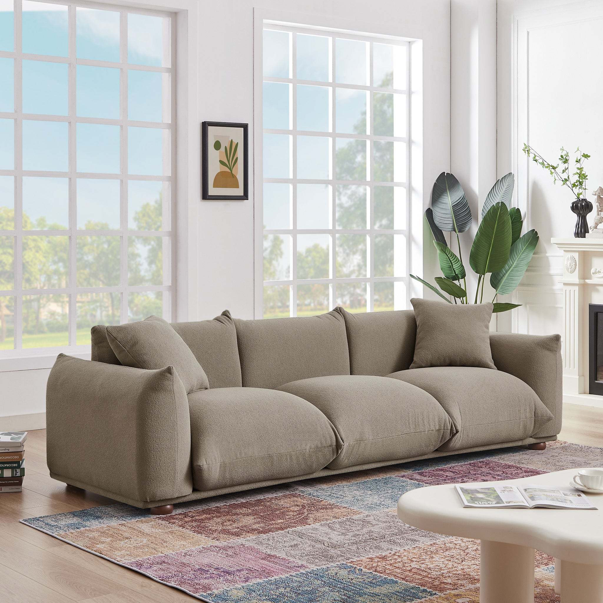 Kely Modern 100'' Mocha Boucle Upholstered Sofa with Solid Wood Legs - Image 12